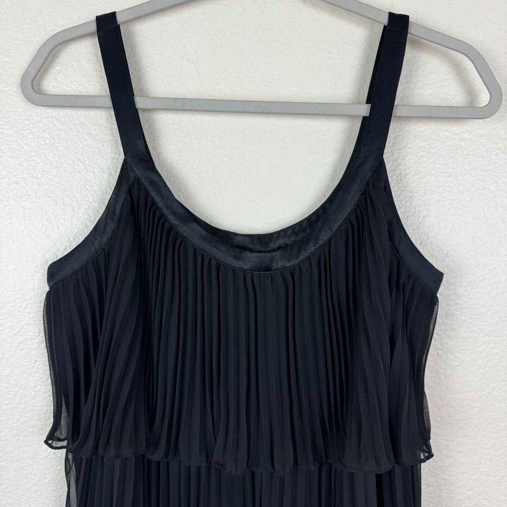 White House Black Market Pleated Chiffon Knee Length Dress Satin Trim Black 10 - Picture 3 of 16